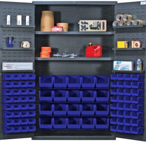 The Quantum Heavy-Duty 48 Bin Cabinet, measuring 48W X 24D X 78H, features (2) adjustable interior and (6) door shelves with a capacity of up to 400 lb. each. It includes (20) QUS240 and (64) QUS220 blue bins for storage, ideal for diverse items like tape rolls and electronic devices.