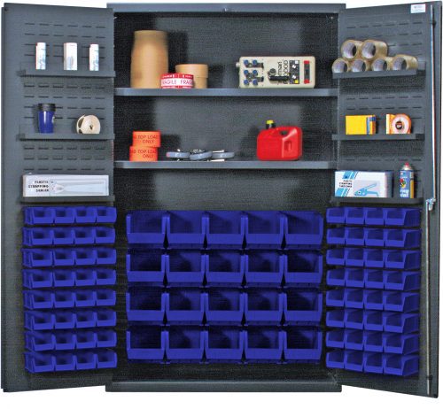 The Quantum Heavy-Duty 48 Bin Cabinet, measuring 48W X 24D X 78H, features (2) adjustable interior and (6) door shelves with a capacity of up to 400 lb. each. It includes (20) QUS240 and (64) QUS220 blue bins for storage, ideal for diverse items like tape rolls and electronic devices.