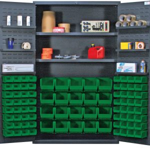 The Quantum Heavy-Duty 48 Bin Cabinet features dual doors revealing shelves storing tape rolls, a gasoline can, a circuit board, and containers. The bottom section is packed with green bins. Door shelves hold more supplies. Each interior shelf supports 400 lbs., while each door shelf handles 60 lbs.