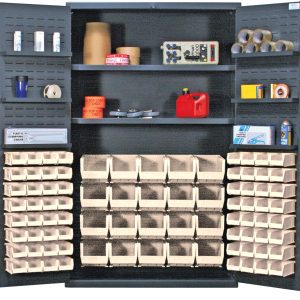 The Quantum Heavy-Duty 48 Bin Cabinet features open doors with robust storage, offering a 400 lb. capacity per interior and 60 lb. per door shelf. It includes (64) QUS220 ivory bins and (20) QUS240 bins for storing small items amid various shelves, all in a durable gray powder-coated finish.