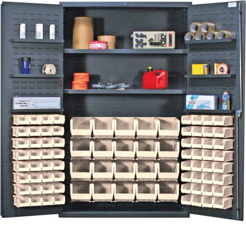 The Quantum Heavy-Duty 48 Bin Cabinet features open doors with robust storage, offering a 400 lb. capacity per interior and 60 lb. per door shelf. It includes (64) QUS220 ivory bins and (20) QUS240 bins for storing small items amid various shelves, all in a durable gray powder-coated finish.