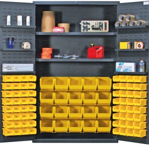 The Quantum Heavy-Duty 48 Bin Cabinet has a 400 lb. capacity per interior shelf and 60 lb. per door shelf. It includes (20) QUS240 and (64) QUS220 yellow bins, with shelves for organizing tape, labels, a small red fuel can, and a blue and white box in its sturdy 14-gauge all-welded construction.