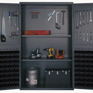 Open doors reveal a 48 Quantum Heavy-Duty Bin Cabinet with punched panels, containing 64 QUS210 black bins. Inside, wrenches and screwdrivers are neatly organized, with a red toolbox and drum container stored at the bottom. Its crafted from 14-gauge all-welded construction for durability.