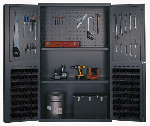 QSC-4805_BK.jpg Open doors reveal a 48 Quantum Heavy-Duty Bin Cabinet with punched panels, containing 64 QUS210 black bins. Inside, wrenches and screwdrivers are neatly organized, with a red toolbox and drum container stored at the bottom. Its crafted from 14-gauge all-welded construction for durability.