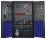 The Quantum Heavy-Duty 48 Bin Cabinet, with a 48W x 24D x 78H frame, features pegboard doors and includes two adjustable shelves. Inside are drills, a toolbox, a metal container, and 64 QUS210 blue bins for smaller essentials. It has robust all-welded construction and holds up to 400 lbs per shelf.