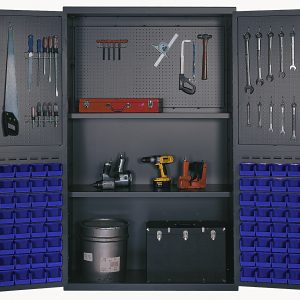 The Quantum Heavy-Duty 48 Bin Cabinet, with a 48W x 24D x 78H frame, features pegboard doors and includes two adjustable shelves. Inside are drills, a toolbox, a metal container, and 64 QUS210 blue bins for smaller essentials. It has robust all-welded construction and holds up to 400 lbs per shelf.