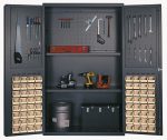 The Quantum Heavy-Duty 48 Bin Cabinet boasts 14-gauge all-welded construction and a gray powder-coated finish. Its punched panel pegboards are perfect for storing saws, wrenches, and screwdrivers, while two shelves hold power tools. The cabinets doors feature 64 QUS210 ivory bins for easy organization.