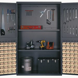 The Quantum Heavy-Duty 48 Bin Cabinet boasts 14-gauge all-welded construction and a gray powder-coated finish. Its punched panel pegboards are perfect for storing saws, wrenches, and screwdrivers, while two shelves hold power tools. The cabinets doors feature 64 QUS210 ivory bins for easy organization.