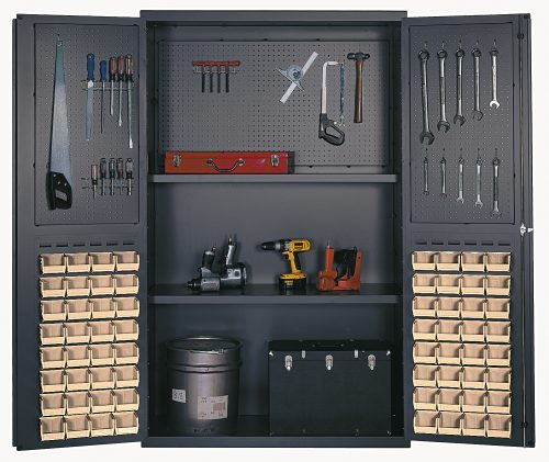 QSC-4805_IV.jpg The Quantum Heavy-Duty 48 Bin Cabinet boasts 14-gauge all-welded construction and a gray powder-coated finish. Its punched panel pegboards are perfect for storing saws, wrenches, and screwdrivers, while two shelves hold power tools. The cabinets doors feature 64 QUS210 ivory bins for easy organization.