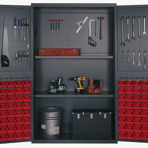 The Quantum Heavy-Duty 48 Bin Cabinet features open doors that reveal its versatility with pegboard-hung tools, punched panels on the inside rear wall and doors, (64) QUS210 red bins, and a 400 lb. capacity per shelf for organized storage of power tools and a black toolbox.