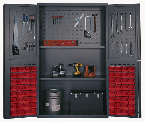 QSC-4805_RD.jpg The Quantum Heavy-Duty 48 Bin Cabinet features open doors that reveal its versatility with pegboard-hung tools, punched panels on the inside rear wall and doors, (64) QUS210 red bins, and a 400 lb. capacity per shelf for organized storage of power tools and a black toolbox.