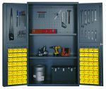 The Quantum Heavy-Duty 48 Bin Cabinet features punched panels on the inside rear wall and doors, with two adjustable shelves each having a 400 lb. capacity. It holds a red toolbox, power tools, a metal container, and a black box, while (64) QUS210 yellow bins line the doors.