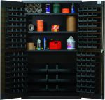 Quantum Heavy-Duty 48 Bin Cabinet features an all-welded 14-gauge construction with three adjustable shelves. Top holds tape rolls and blue jars, middle has spray cans, red/orange bottles, paper towels, lower include jugs/QUS210 bins. Doors have small black bins. Cabinet measures 48W X 24D X 78H.