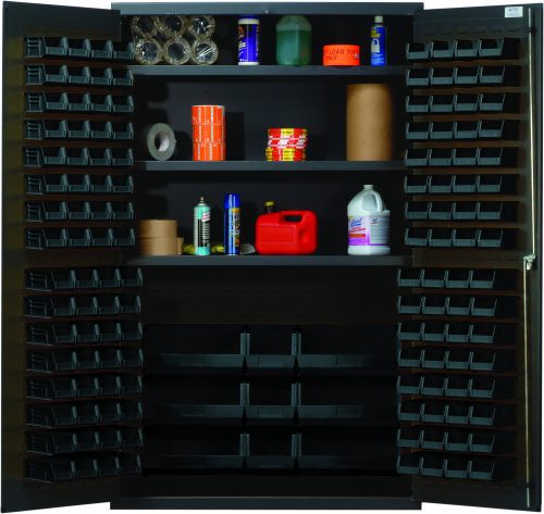 Quantum Heavy-Duty 48 Bin Cabinet features an all-welded 14-gauge construction with three adjustable shelves. Top holds tape rolls and blue jars, middle has spray cans, red/orange bottles, paper towels, lower include jugs/QUS210 bins. Doors have small black bins. Cabinet measures 48W X 24D X 78H.