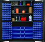 The Quantum Heavy-Duty 48 Bin Cabinet, with a robust 14-gauge all-welded construction and a gray powder-coated finish, features open doors revealing adjustable shelves holding spray cans and other items with numerous blue bins on the inner sides.
