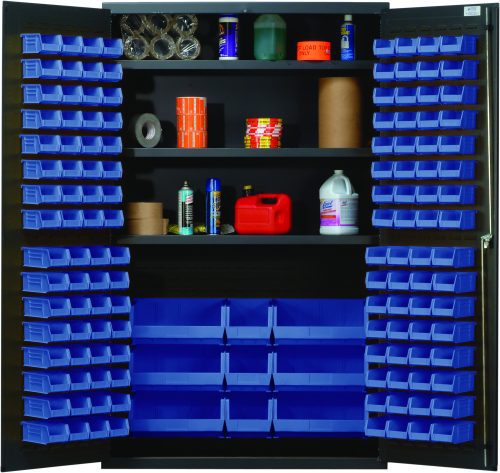 The Quantum Heavy-Duty 48 Bin Cabinet, with a robust 14-gauge all-welded construction and a gray powder-coated finish, features open doors revealing adjustable shelves holding spray cans and other items with numerous blue bins on the inner sides.