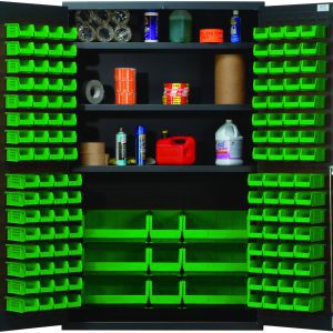 The Quantum Heavy-Duty 48 Bin Cabinet features a robust 14-gauge all-welded construction, includes three adjustable shelves, each with a 400 lb. capacity, and comes with green bins for organizing supplies like cleaning items and spray cans. It has a gray powder-coated finish.