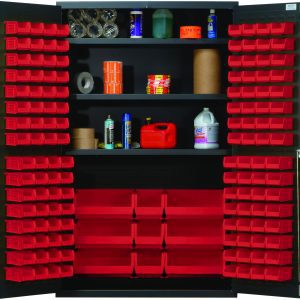 A Quantum Heavy-Duty 48 Bin Cabinet, with a sleek gray powder-coated finish, houses open doors revealing 64 Qus210, 64 Qus220, 3 Qus240, and 6 Qus250 red bins on three adjustable shelves. Its perfect for organizing cleaning supplies and other items within its sturdy all-welded construction.