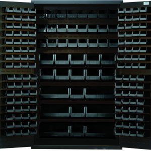 The Quantum Heavy-Duty 48 Bin Cabinet, measuring 48W x 24D x 78H, features a gray powder-coated finish with a robust 14 gauge all welded construction. It includes (64) Qus210, (64) Qus220, (24) Qus230, (13) Qus240, and (6) Qus250 black bins for organized storage.