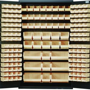 The Quantum Heavy-Duty 48 Bin Cabinet, with a 14 gauge all-welded construction and gray powder-coated finish, measures 48W x 24D x 78H. It features open doors revealing rows of ivory bins: (64) QUS210, (64) QUS220, (24) QUS230, (13) QUS240, and (6) QUS250 for optimal organization.