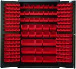 The Quantum Heavy-Duty 48 Bin Cabinet, measuring 48W x 24D x 78H with a 14-gauge all-welded construction and gray powder-coated finish, opens to show organized red bins: (64) Qus210, (64) Qus220, (24) Qus230, (13) Qus240, and (6) Qus250.