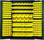 A Quantum Heavy-Duty 48 Bin Cabinet in gray reveals open doors with yellow bins. Measuring 48W x 24D x 78H, it includes (24) QUS230 bins among (64) QUS210, (64) QUS220, (13) QUS240, and (6) QUS250 bins of various sizes.