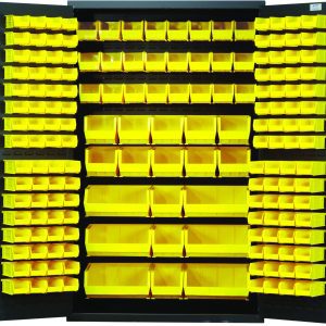 A Quantum Heavy-Duty 48 Bin Cabinet in gray reveals open doors with yellow bins. Measuring 48W x 24D x 78H, it includes (24) QUS230 bins among (64) QUS210, (64) QUS220, (13) QUS240, and (6) QUS250 bins of various sizes.