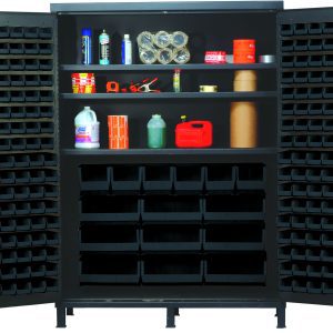 The Quantum Heavy-Duty 60 Bin Cabinet, crafted from 14-gauge all-welded steel with a gray powder-coated finish, offers a robust storage solution. It includes three adjustable shelves and diverse bins, supports up to 500 lbs per shelf, and measures 60W x 24D x 84H for enhanced organization.