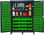The Quantum Heavy-Duty 60 Bin Cabinet features 14-gauge all-welded construction with a gray powder-coated finish. It offers a 500 lb. capacity per interior shelf and includes three adjustable shelves filled with spray cans, tapes, and bottles, plus various small Qus210 bins on the doors and larger Qus240 and Qus250 bins below.