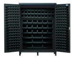The Quantum Heavy-Duty 60 Bin Cabinet, model QUS230, features black metal construction with multiple shelves and door compartments. It includes various bins: 80 Qus210, 90 Qus220, 30 Qus230, 18 Qus240, and 9 Qus250. Fully opened dimensions are 60W x 24D x 84H with a gray powder-coated finish.
