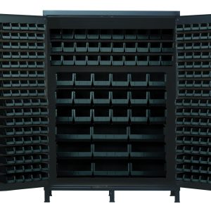 The Quantum Heavy-Duty 60 Bin Cabinet, model QUS230, features black metal construction with multiple shelves and door compartments. It includes various bins: 80 Qus210, 90 Qus220, 30 Qus230, 18 Qus240, and 9 Qus250. Fully opened dimensions are 60W x 24D x 84H with a gray powder-coated finish.