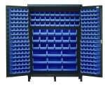 The Quantum Heavy-Duty 60 Bin Cabinet, measuring 60W x 24D x 84H and made from 14 gauge all welded construction, features wide-open doors revealing an organized array of blue plastic bins—QUS220 and QUS230 among others—perfect for organizing small items or tools. Its finish is gray powder-coated.