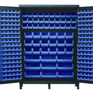 The Quantum Heavy-Duty 60 Bin Cabinet, measuring 60W x 24D x 84H and made from 14 gauge all welded construction, features wide-open doors revealing an organized array of blue plastic bins—QUS220 and QUS230 among others—perfect for organizing small items or tools. Its finish is gray powder-coated.