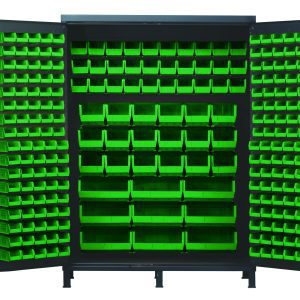 The Quantum Heavy-Duty 60 Bin Cabinet, with a gray powder-coated finish and sturdy 14-gauge all-welded construction, measures 60W x 24D x 84H. It includes (90) QUS220 small green bins arranged inside, plus additional QUS210, QUS230, QUS240, and QUS250 bins for efficient tool organization.