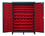 The Quantum Heavy-Duty 60 Bin Cabinet, measuring 60W x 24D x 84H, in a gray powder-coated finish, displays open doors with organized rows of red bins: (80) QUS210, (90) QUS220, (30) QUS230, (18) QUS240, and (9) QUS250—ideal for sorting small parts or tools efficiently.