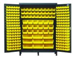 The Quantum Heavy-Duty 60 Bin Cabinet, measuring 60W x 24D x 84H, features a sturdy all-welded design with a gray powder-coated finish. Its open doors display arranged small items in (90) QUS220 yellow bins among others for efficient organization inside and on doors.
