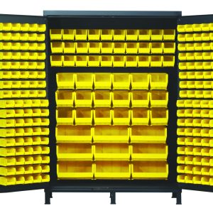 The Quantum Heavy-Duty 60 Bin Cabinet, measuring 60W x 24D x 84H, features a sturdy all-welded design with a gray powder-coated finish. Its open doors display arranged small items in (90) QUS220 yellow bins among others for efficient organization inside and on doors.