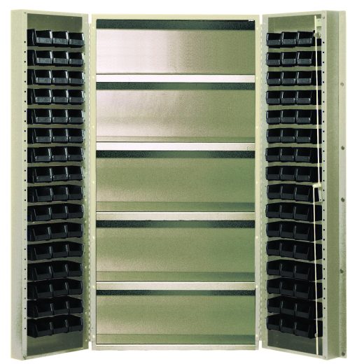 QSC-BG-36-96-4IS_BK.jpg The Quantum Heavy-Duty 36 Bin Cabinet, with a beige powder-coated finish and 14 gauge all-welded construction, features open doors revealing (32) Qus232 black bins, horizontal slots, and an 800 lb. capacity per shelf for ultimate durability.