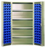 The Quantum Heavy-Duty 36 Bin Cabinet (36W x 24D x 72H) has two rows of 32 QUS232 blue bins and strong central shelves with an 800 lb. capacity each, making it perfect for heavy-duty storage needs. It features a beige powder-coated finish and robust, all-welded construction for durability.