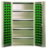 The Quantum Heavy-Duty 36 Bin Cabinet in a beige powder-coated finish features two open doors revealing rows of 32 QUS232 green bins. This 36W x 24D x 72H cabinet provides plentiful vertical storage with an all-welded, 14-gauge construction and holds up to 800 lbs per interior shelf.