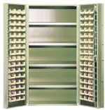 The Quantum Heavy-Duty 36 Bin Cabinet, sized at 36W x 24D x 72H, boasts a beige powder-coated finish with an all-welded, 14-gauge construction. It provides stylish and efficient storage with multiple shelves and includes 32 ivory bins, each supporting up to an impressive 800 lbs.