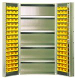 The Quantum Heavy-Duty 36 Bin Cabinet, with dimensions of 36W x 24D x 72H, features open doors that efficiently house 32 QUS232 yellow bins on the doors and back panel. Its crafted from durable 14-gauge all-welded construction and sports a beige powder-coated finish.