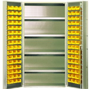 The Quantum Heavy-Duty 36 Bin Cabinet, with dimensions of 36W x 24D x 72H, features open doors that efficiently house 32 QUS232 yellow bins on the doors and back panel. Its crafted from durable 14-gauge all-welded construction and sports a beige powder-coated finish.