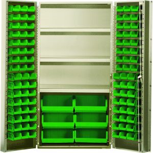 The Quantum Heavy-Duty 36 Bin Cabinet, with dimensions 36W x 24D x 72H, offers a robust capacity of up to 800 lbs per shelf and features a beige powder-coated finish. It includes three adjustable shelves and an assortment of green bins: (16) Qus232, (16) Qus236, and (6) Qus250.