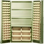 The Quantum Heavy-Duty 36 Bin Cabinet features a beige powder-coated finish and an industrial design with three adjustable shelves. It includes 16 QUS232, 16 QUS236, and 6 QUS250 ivory bins, all housed within its robust 14-gauge all-welded construction with an interior shelf capacity of 800 lbs.