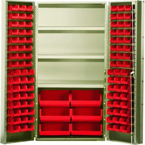 The Quantum Heavy-Duty 36 Bin Cabinet, with dimensions 36W x 24D x 72H and a beige powder-coated finish, features open doors revealing QUS232, QUS236, and QUS250 red bins on adjustable shelves for small parts or tools. Its all-welded construction supports up to 800 lbs per shelf.