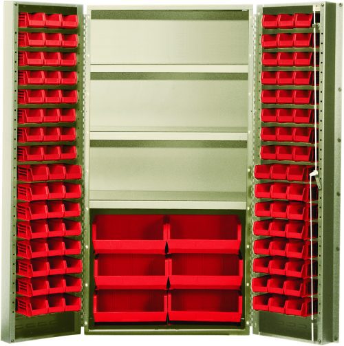 The Quantum Heavy-Duty 36 Bin Cabinet, with dimensions 36W x 24D x 72H and a beige powder-coated finish, features open doors revealing QUS232, QUS236, and QUS250 red bins on adjustable shelves for small parts or tools. Its all-welded construction supports up to 800 lbs per shelf.