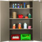 The Quantum Heavy-Duty 48 Cabinet measures 48W x 24D x 78H, featuring a beige powder-coated finish and a sturdy all-welded construction. It includes three adjustable shelves with a capacity of 400 lbs each, storing items like sprays, bottles, labels, cans, and bins with various contents.