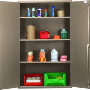 The Quantum Heavy-Duty 48 Cabinet measures 48W x 24D x 78H, featuring a beige powder-coated finish and a sturdy all-welded construction. It includes three adjustable shelves with a capacity of 400 lbs each, storing items like sprays, bottles, labels, cans, and bins with various contents.