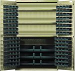 The Quantum Heavy-Duty 48W x 24D x 78H Bin Cabinet in beige features open doors, three adjustable shelves supporting up to 400 lbs each, and includes a total of 64 QUS210 bins, along with QUS220, QUS240, and QUS250 black bins for efficient item organization.